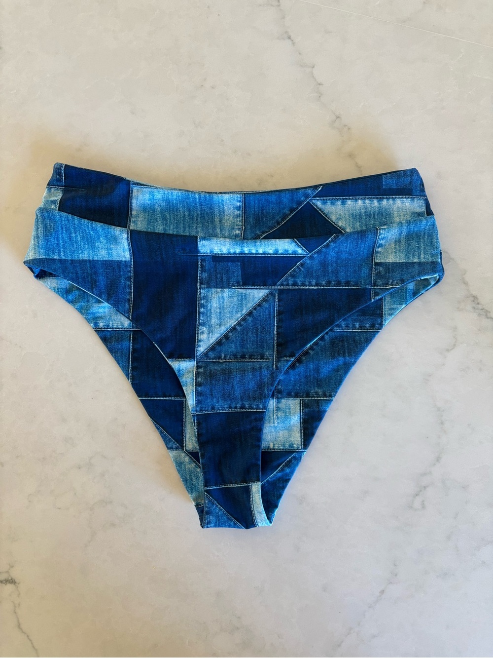 Kulani Kinis High Waist Bottoms - Medium, Patchwork Denim Print